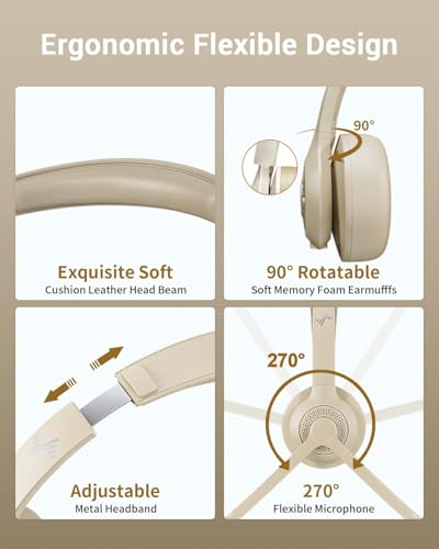 JIAMQISHI Bluetooth V5.2 Office Headset in Apricot, Wireless Headphones with Noise Reduction Microphone, USB Receiver and Mic Mute for Video Conference & Cellphones - color: Apricot