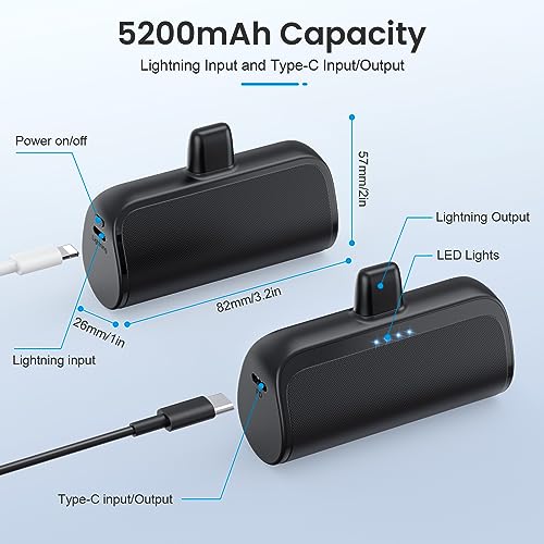 Mini Portable Charger Power Bank for iPhone,5200mAh Portable Phone Charger, Ultra-Compact PD Fast Charging Battery Pack Compatible with iPhone 14/14 Plus/Pro Max/13/12/12 Mini/11/XS/XR/X/8/7/6/6s