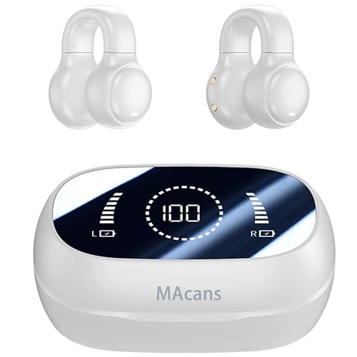 Clip-On Earbuds,Open-Ear Wireless Bluetooth 5.4 Headphones,LED Power Display Earbuds for Women & Kids Ideal for Small Ears,Sports,Glasses (White) - color: White
