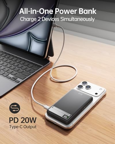 iWALK MagSafe-Compatible Magnetic Wireless Power Bank, 10000mAh Slim Portable Charger with 20W PD Fast Charging Cable, Metal Kickstand and LED Display, Compatible with iPhone 18/17/16/15/14/13/12 - color: Black
