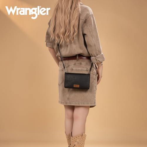 Wrangler Crossbody Wallet for Women Black Purse Clutch Credit Card Holder RFID Blocking Bifold with Crossbody Strap and Smooth Zipper - color: B-black
