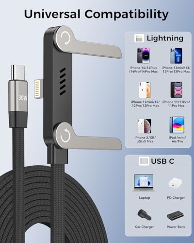 USB C to Lightning Cable with Stand, MFi Certified 2-in-1 Invisible Holder Charger Cable, 30W Lightning Flat Cable 90 Degree for iPhone 14-5/iPad, Sideways Phone Charger Cord for Gaming, Office, Home