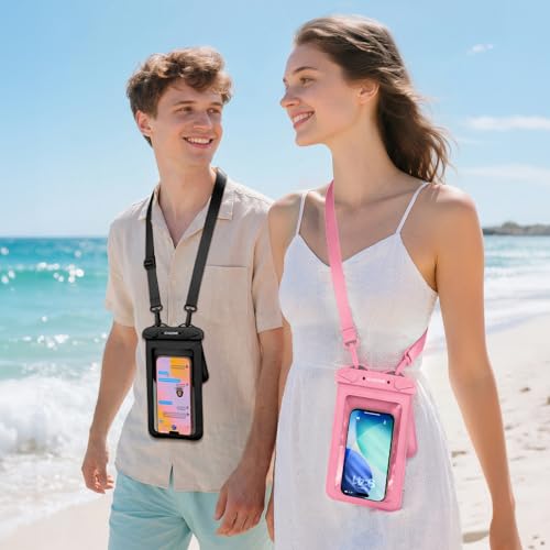 CACOE Waterproof Phone Pouch 2 Pack Up to 8.8", Double Bag, Black+Pink | IPX8 Waterproof Phone Case,Adjustable Lanyard,Dry Bags for Beach/Cruise/Travel/Camping/Kayak/Hiking/Lake/Vacation Essentials - color: Black+Pink