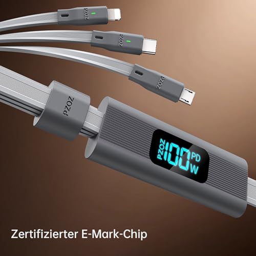 pzoz 100W 3 in 1 Charging Cable with LED Display, USB C Fast Charging