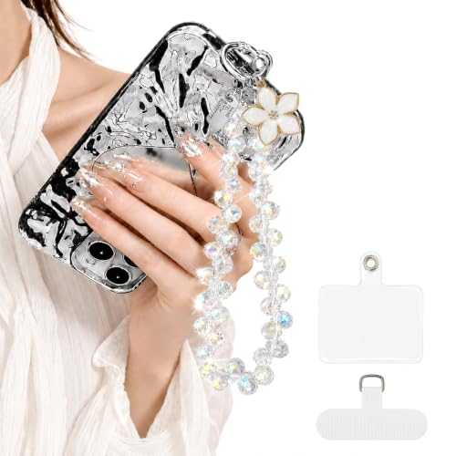 Cute Phone Wrist Strap Chic Beaded Cellphone Lanyard Phone Charm Grip Strap - color: White Flower Crystal