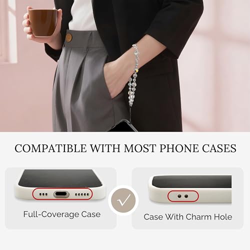 Crystal & Pearl Phone Charm Wrist Strap, Beaded Lanyard Wristlet Chain, Hands-Free Bracelet Strap for Phone Cases - color: Crystal