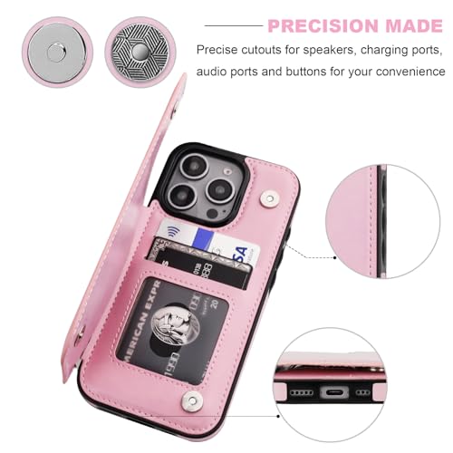 ONETOP for iPhone 16 Pro Wallet Case with Credit Card Holder,Pink | Kickstand,ID/Cash Holder,Case Wallet with Card Slots,Double Magnetic Clasp,Durable PU Leather Shockproof Cover for Women Men - color: Pink