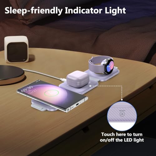 Travel Charger for Samsung Multi Devices, Foldable 3 in 1 Wireless Charging Station Fast Charging Stand/Pad Compatible for Samsung Galaxy S26/S25/S24/S23/Note20 Galaxy Watch8/7/6/Galaxy Buds4(Violet - color: Violet