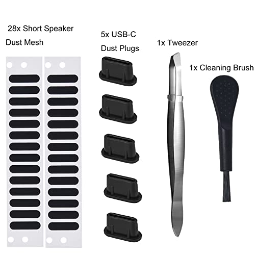 5PCS USB C Dust Plug & 28x Phone Speaker Mesh Dustproof Adhesive Stickers for iPhone Duo /18/17/16/15 Pro Max, Samsung Galaxy S23, S22, S21, Type-C Port on Smartphone, Anti Dust Kit with Tweezers