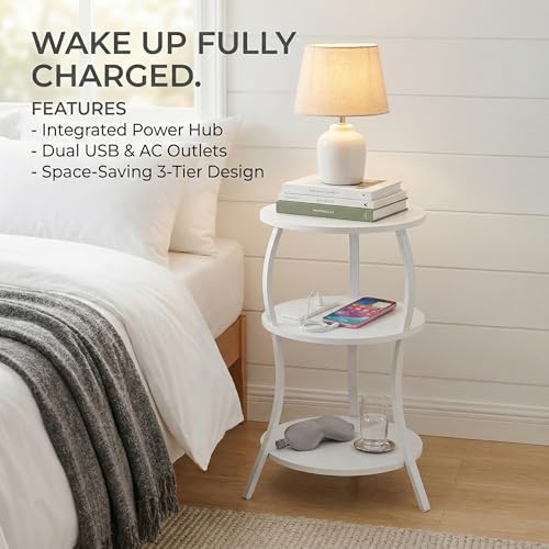 YEAKOO Small Round Side Table with Charging Station,White - color: White, style: USB Charger