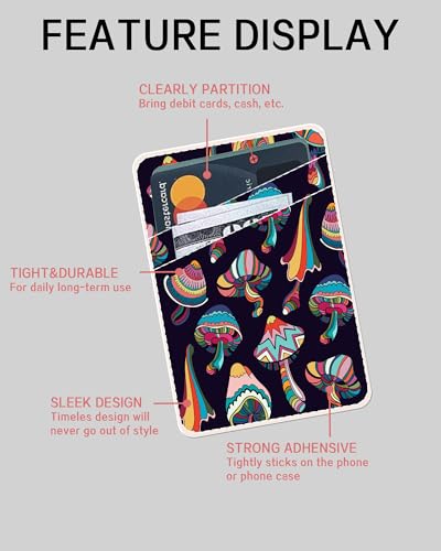 Dual Pocket Leather Phone Wallet Adhesive Stick On, Cute Card Holder, Credit Card Holder for Case Compatible with Most Phones Boho Mushroom - color: Boho Mushroom
