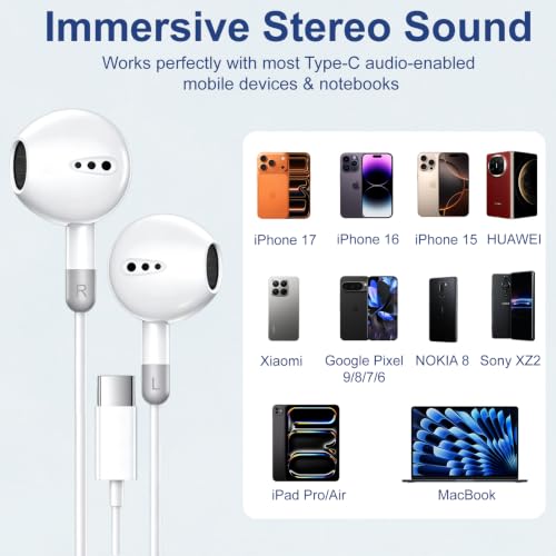 USB C Headphones for iPhone 17/16/15 Series with Mic & Remote Control