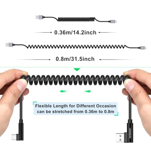 aceyoon USB to USB C Cable, 90 Degree Right Angled Coiled Fast Charging Cable QC 3.0 (1-2.5ft) 60W Short Android Auto USB C Charging Cable - color: 1 Pack