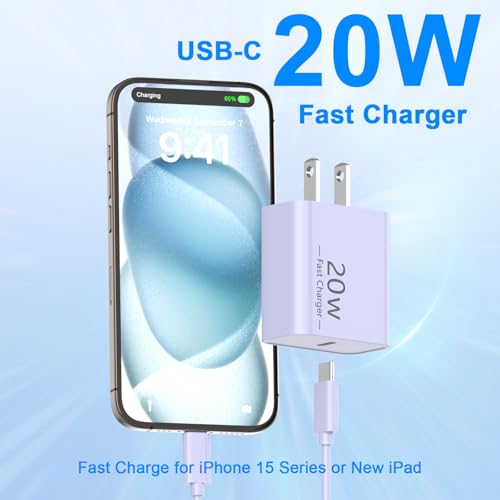 iPhone 17 16 15 Charger Fast Charging 10FT, 20W USB C Charger Block & Cable - color: Purple