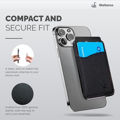 Wallaroo Premium Leather Cell Phone Wallet Stick On - Android and iPhone Wallet and Card Holder for Women and Men - Durable with Non-Slip Lining Secures Up to 3 Cards - color: Black