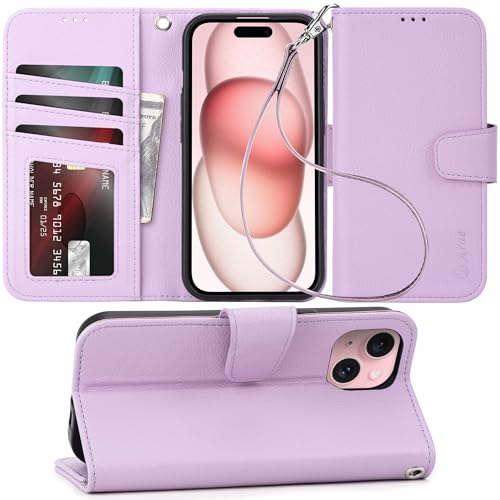 Arae Compatible with iPhone 15 Pro Case with Card Holder and Wrist Strap Wallet Flip Cover for iPhone 15 Pro 6.1 inch Women RFID Blocking Wristlet Kickstand,Litchi Lavander - color: Litchi Lavander, size: iPhone 15 Pro 6.1 inch