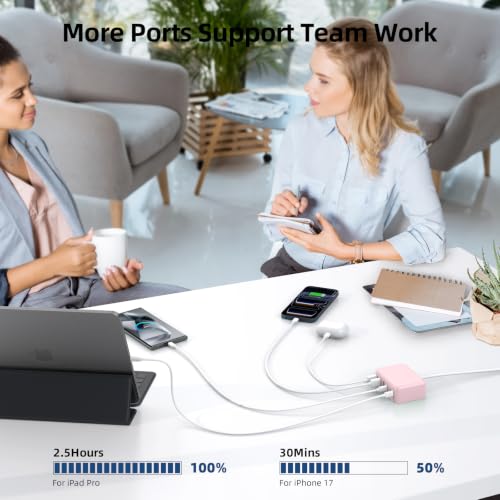 100W 6 in 1 USB Charger, 50% Smaller Charging Station for Multiple Devices - color: Pink