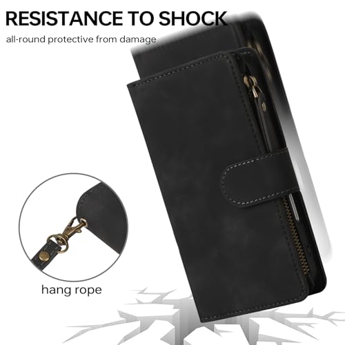 RANYOK Compatible with iPhone 16 Case Wallet - PU Leather Wallet Case for iPhone 16 with Credit Card Holder RFID Blocking Zipper Pocket with Wrist Strap Flip Folio Protective Case (Black) - color: Black, size: iPhone 16, 6.1"