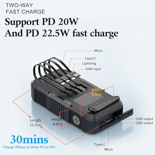 Solar Power Bank 66800mAh Built in Hand Crank for Camping and Hiking - color: Black