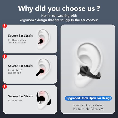 Ultra Open Ear Headphones Bluetooth 5.3 Wireless Bone Conduction Clip On Earbuds with Digital Display Charging Case 60 Hours Playtime Sport Earphones IPX7 Waterproof for Running Fitness Black