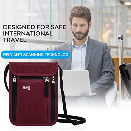 Travel Pouch Neck Wallet Family Passport Holder Organizer Case with RFID Blocking - color: Wine Red