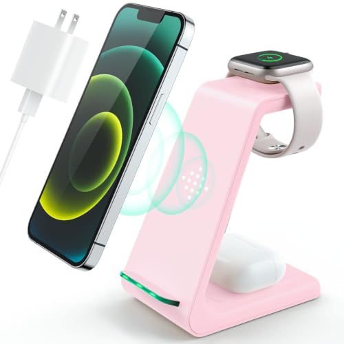 3 in 1 Wireless Charging Station, 2026 Upgraded Fast Desk Charger Station for iPhone 17 16 15 14 13 12 Pro Max Plus, Charger Stand for Apple Watch 10 9 8 7 6 5 4 3 2 SE, Airpods 4 3 2 Pro(Pink) - color: C-Pink