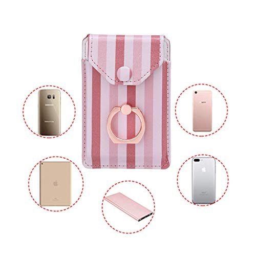 Self Adhesive Phone Card Wallet with Ring Stand Flip Cover, Pink Striped - color: Pink Striped