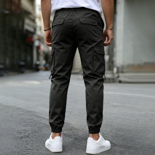 Mens Cargo Pants Casual Baggy Sweatpant Drawstring Waist Cuffed Pants Lightweight Stretch Trousers with Pockets
