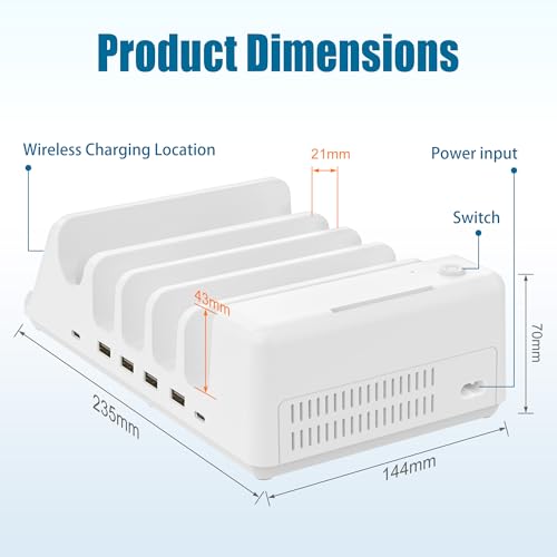 AGVEE 140W 9in1 Multi USB Charging Station Organizer Family Block Hub with Multi Cables, 3 Wireless Charger Dock for Apple iPad iPhone Cell Phone Samsung Android Tablet Multiple Devices, White