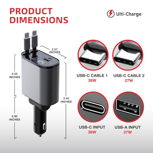 Ulti Charge Car Phone Charger 120W Fast Charging Retractable Cigarette Lighter USB C Charger, 4โPort USBโC & USBโA Dual USBC Charging Block for iPhone, Galaxy, Tablets, Laptops - size: Retractable USBC x2