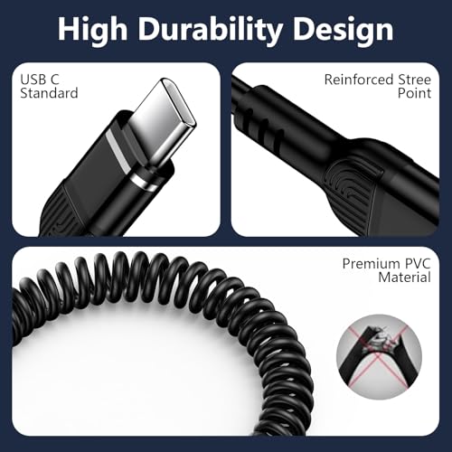 5FT Coiled USB A to C Cable for Samsung Galaxy S26 Ultra/S26 FE/S26+/S26 - color: Black