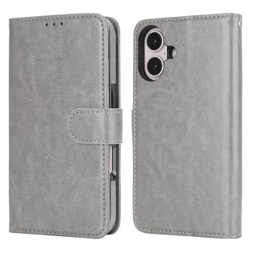 Bocasal Detachable Wallet Case Card Holder for iPhone 16, Grey | RFID Blocking Kickstand Card Slots Holder PU Leather Magnetic Shockproof Wrist Strap Removable Flip Protective Cover 6.1 inch - color: Gray