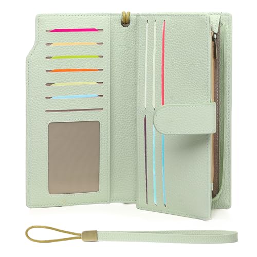 GAEKEAO Womens Wallets Large Capacity Leather Card Holder RFID Blocking Wristlet Clutch Long Travel Ladies Purse - color: Z03-Green