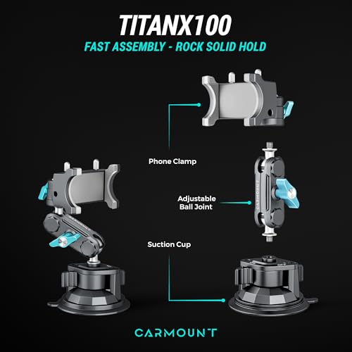 CARMOUNT TitanX100 – Suction Cup Phone Mount for Car & Truck – Heavy Duty Metal Phone Holder, Windshield Phone Mount for iPhone, Android, GPS & All Devices - style: TitanX100