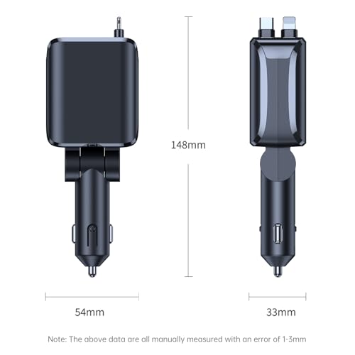 4 in 1 Retractable Car Charger, 69W Fast Charging USB C Car Charger with 2 Built-in Cables & Dual Ports, Multi Port Car Phone Charger Adapter for iPhone 17/16/15, Tablets, Android - color: Black Dual Cable