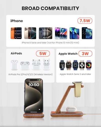 GEEKERA Wireless Charger, 3 in 1 Wireless Charging Station for iPhone Air/17/16/15/14/13/12/11, Phone and Watch Charger Stand for Apple Watch Ultra 3-2/11-2/SE, AirPods Pro/4/3/2, Dark Wood - color: Wood Grain