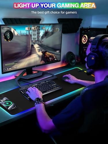 Magnetic Charging Mouse Pad, 31.5x11.81 Inch XL Gaming Mousepad, 11+5 RGB Lighting Modes, Home Office Large Desk Pad with Ultra-Smooth Surface, Non-Slip, Waterproof Keyboard Pad Classic Black Desk Mat - color: 31.5x11.81"-Black Left Upgraded Magnetic