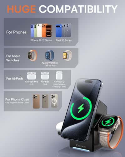 ZEEHOO 3 in 1 Charging Station, iPhone Charging Station for Apple MagSafe Charger, 15W Fast Wireless Charger, for Apple Watch, for iPhone 18 Pro/Duo/17/16/15/14/13/12 Series, AirPods (Black) - color: Black