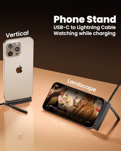USB-C to Lightning Cable with Built-in Phone Stand - 2-in-1 Invisible Holder iPhone Charger Cord, MFi Certified 27W PD Fast Charging 90 Degree Sideways iPhone Charger for iPhone 14-5, iPad, Gaming