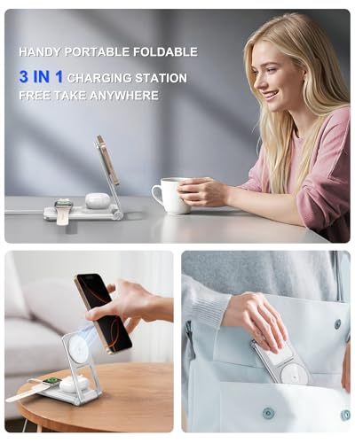 3 in 1 Magnetic Wireless Charger,Foldable Charging Station Built-in Retractable Cable,15W Portable Wireless Charging Stand for iPhone 16 15 14 13 12,Apple Watch,AirPods (20W Adapter) (White) - color: White