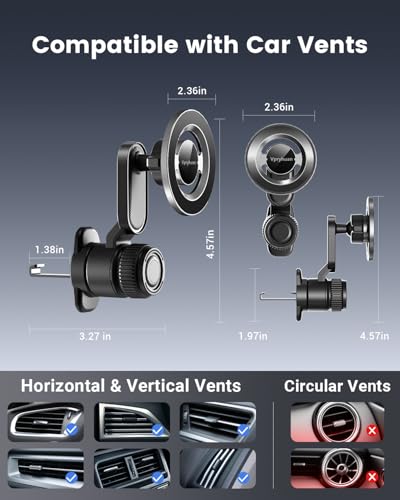 Vent Phone Holder for Your Car, Magnetic Air Vent Mount 360° Rotatable with Metal Ring, One-Hand Use for iPhone 16/15/14/13/12 (4.3-7.6") Non-Blocking View