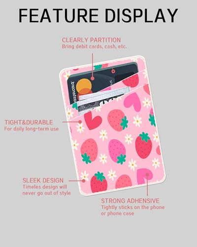 Dual Pocket Leather Phone Wallet Adhesive Stick On, Cute Strawberry Card Holder - color: Cute Strawberry