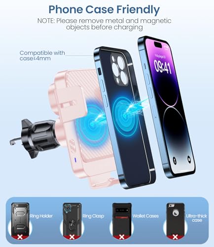 Wireless Car Charger 15W Fast Charging Dash Windshield Vent Car Mount - color: Light pink