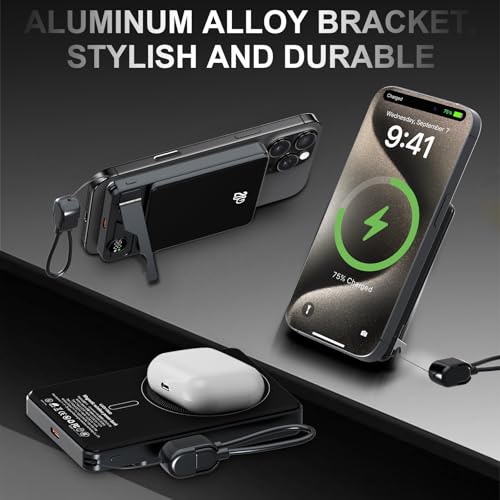 LUCKYDUO 3 in 1 Magnetic Wireless Power Bank, Slim Magnetic Portable Charger with Foldable Stand & LED Display, PD 20W USB C Cable Magnetic Battery Pack for iPhone 17/Air/Pro/16/15/14/13 (10000mAh)