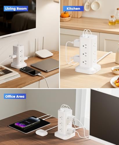 12AC 3USB Power Strip Tower Surge Protector 1800J, 8ft, White, 1 - color: White, size: 8ft