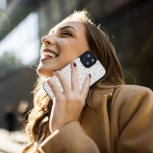 HAOPINSH for iPhone 14 Wallet Case with Card Holder, White Leopard Pattern Back Flip Folio PU Leather Kickstand Card Slots Case for Women Girls, Double Magnetic Clasp Shockproof Cover 6.1" - color: White Leopard