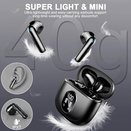 Wireless Earbuds, Bluetooth Headphones, Stereo Bass Ear Buds with ENC Noise Cancelling Mics, Bluetooth Earbuds with LED Display Charging Case, IP7 Waterproof Earphones for Android iOS/Glossy black - color: Glossy black