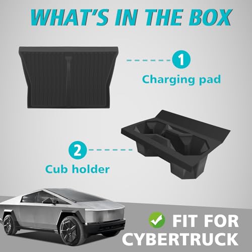 BestEvMod 2PCS Center Console Phone Charge Area Silicone Mat & Cup Holder Insert Compatible with 2026 2025 2024 Tesla Cybertruck Non-Slip Easy to Clean Black (Cup Holder Insert+Charge Pad Mat) - size: Cybertruck, style: Cup Holder Insert + Charge Pad Mat