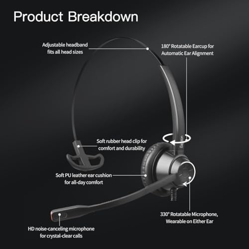 X1 Single Ear Office Headset with 3.5mm & Y-Adapter - Noise Cancelling Mic - Wired Call Center Headset for PC Laptop Phone, Zoom & Teams