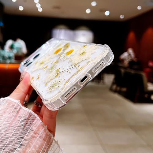 Compatible with iPhone 17 Pro Max Case Clear Flowers Shockproof | Handmade Natural Pressed Dried Real Flower Gliter Shockproof TPU Slim Protective phone cover for women girls - color: White Flower, size: iphone 17 Pro Max